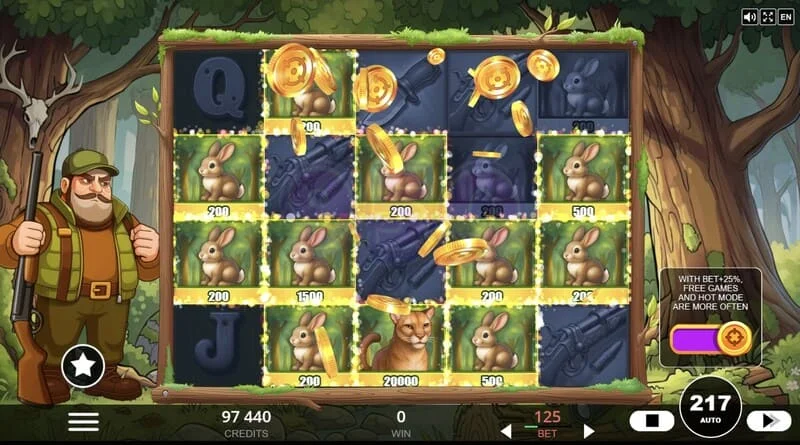 Hunt the Bucks – spesialsymboler Hunter-Wild, Scatter og Animal Credit på rutenettet